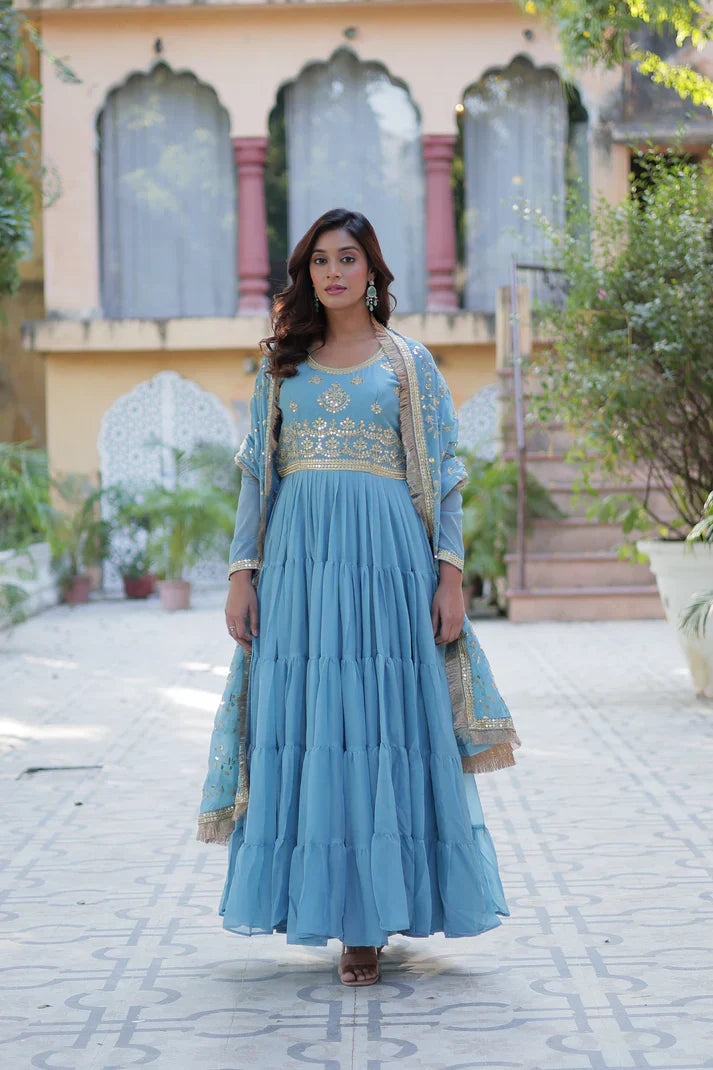 WEDDING SPECIAL STAR GEORGETTE ZARI SEQUINS EMBROIDERED GOWN WITH DUPATTA (WD117) (02)