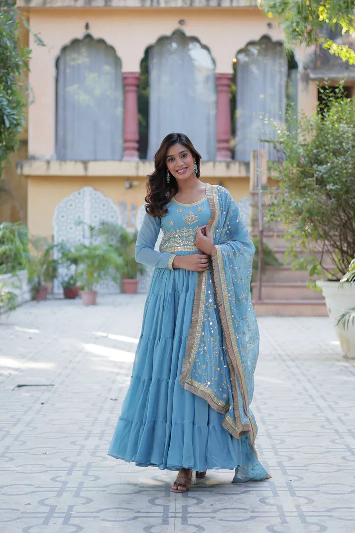 WEDDING SPECIAL STAR GEORGETTE ZARI SEQUINS EMBROIDERED GOWN WITH DUPATTA (WD117) (02)
