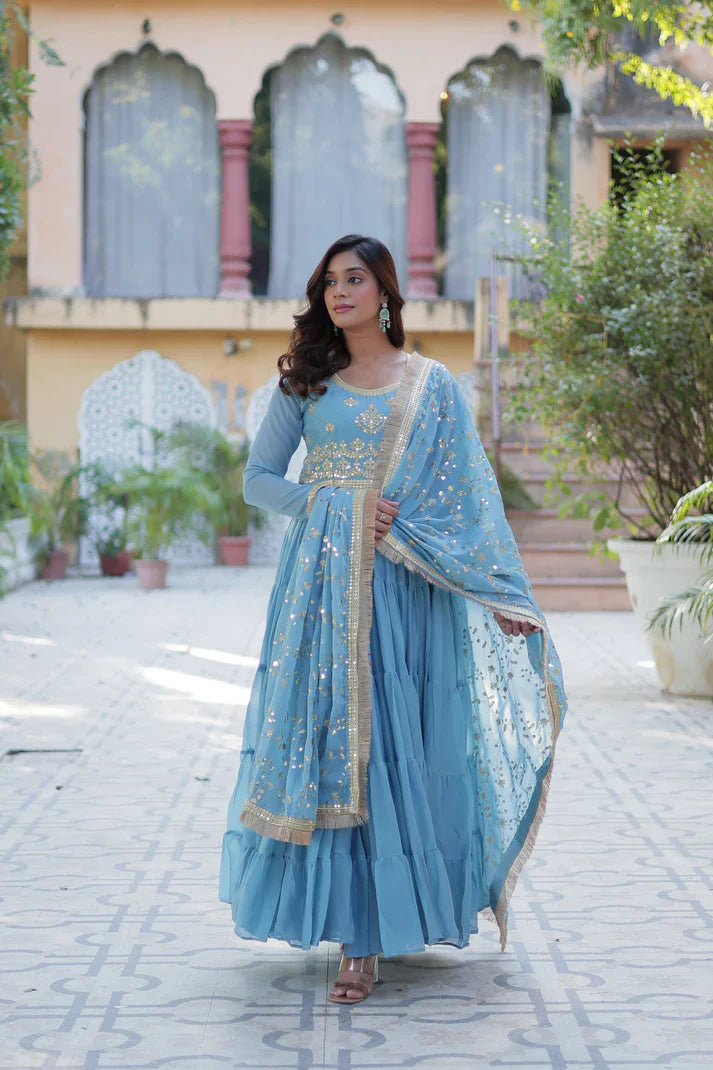 WEDDING SPECIAL STAR GEORGETTE ZARI SEQUINS EMBROIDERED GOWN WITH DUPATTA (WD117) (02)