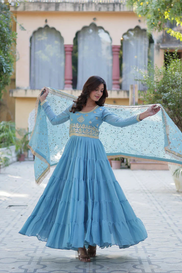 WEDDING SPECIAL STAR GEORGETTE ZARI SEQUINS EMBROIDERED GOWN WITH DUPATTA (WD117) (02)