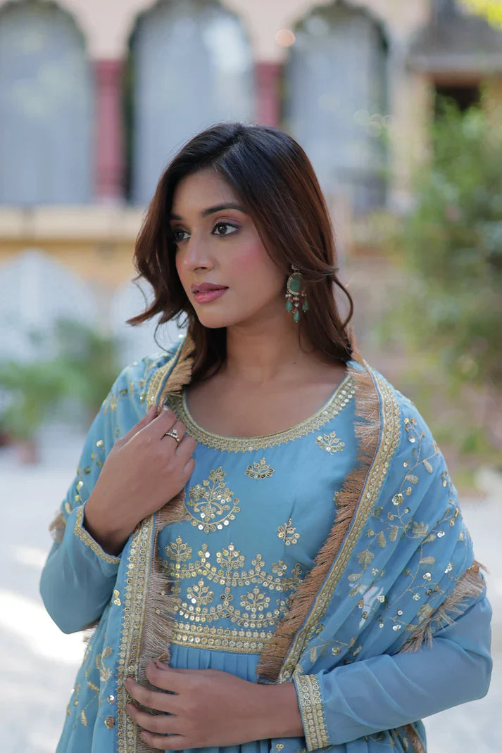 WEDDING SPECIAL STAR GEORGETTE ZARI SEQUINS EMBROIDERED GOWN WITH DUPATTA (WD117) (02)