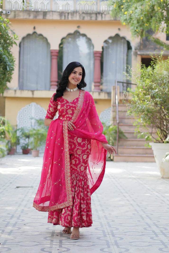 WEDDING SPECIAL VISCOSE GEORGETTE JACQUARD GHARARA SET WITH DUPATTA(WD120) (01)