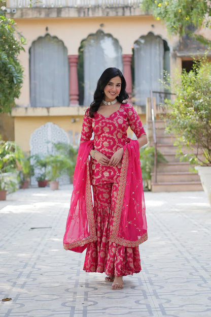 WEDDING SPECIAL VISCOSE GEORGETTE JACQUARD GHARARA SET WITH DUPATTA(WD120) (01)