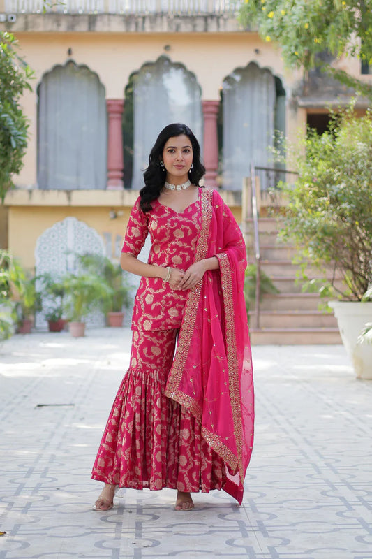 WEDDING SPECIAL VISCOSE GEORGETTE JACQUARD GHARARA SET WITH DUPATTA(WD120) (01)