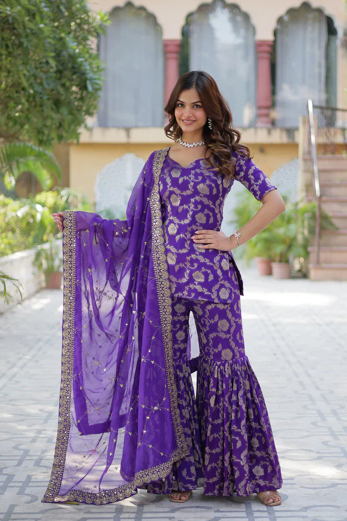 WEDDING SPECIAL VISCOSE GEORGETTE JACQUARD GHARARA SET WITH DUPATTA(WD120) (02)