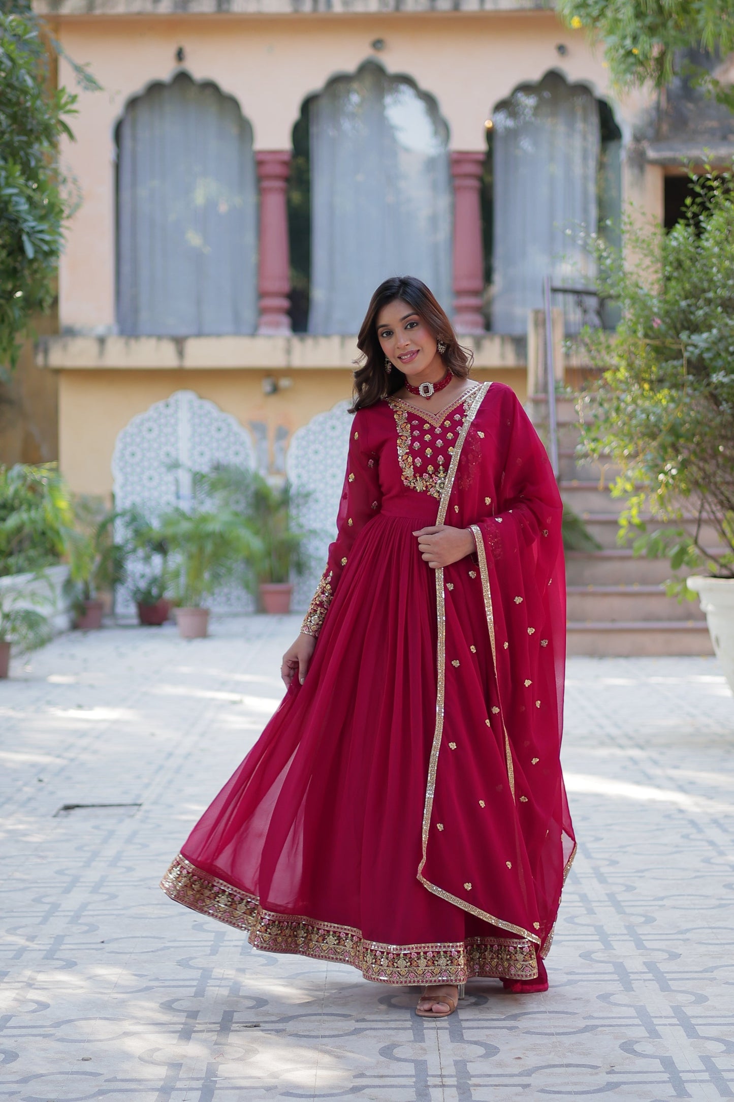 WEDDING SPECIAL BLOOMING GEORGETTE RICH SEQUANCE EMBROIDERED GOWN WITH DUPATTA (WDN10) 01