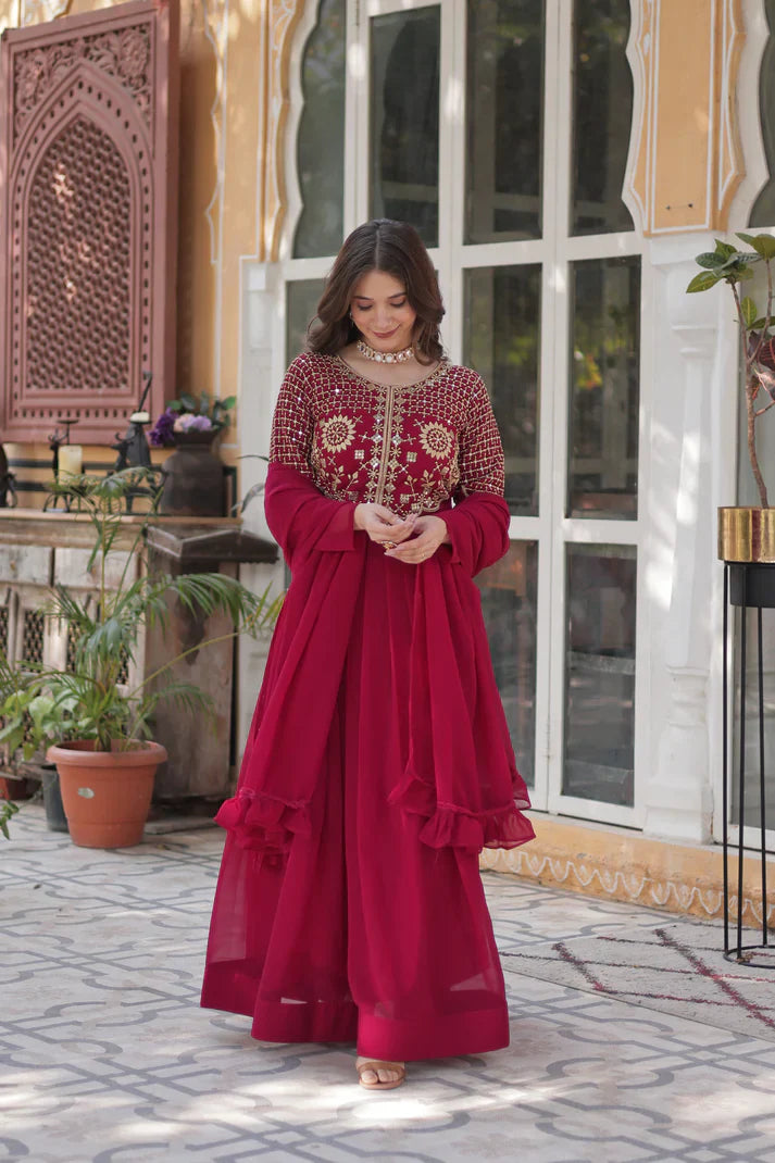 BLOOMING GEORGETTE EMBROIDERED GOWN WITH DUPATTA(WD98)