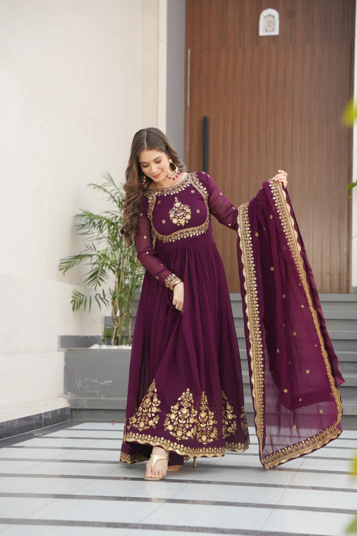FAUX GEORGETTE SEQUANCE EMBROIDERED GOWN WITH DUPATTA(WD91)