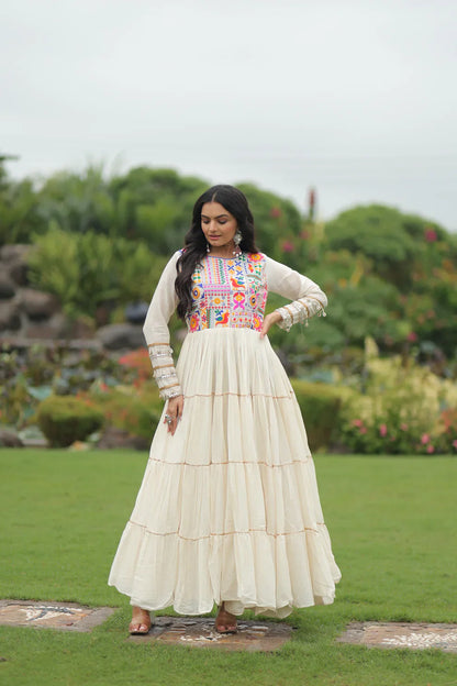 NAVRATRI SPECIAL KORA COTTON EMBROIDERED GOWN WITH GOTA PATTI WORK(WD189)