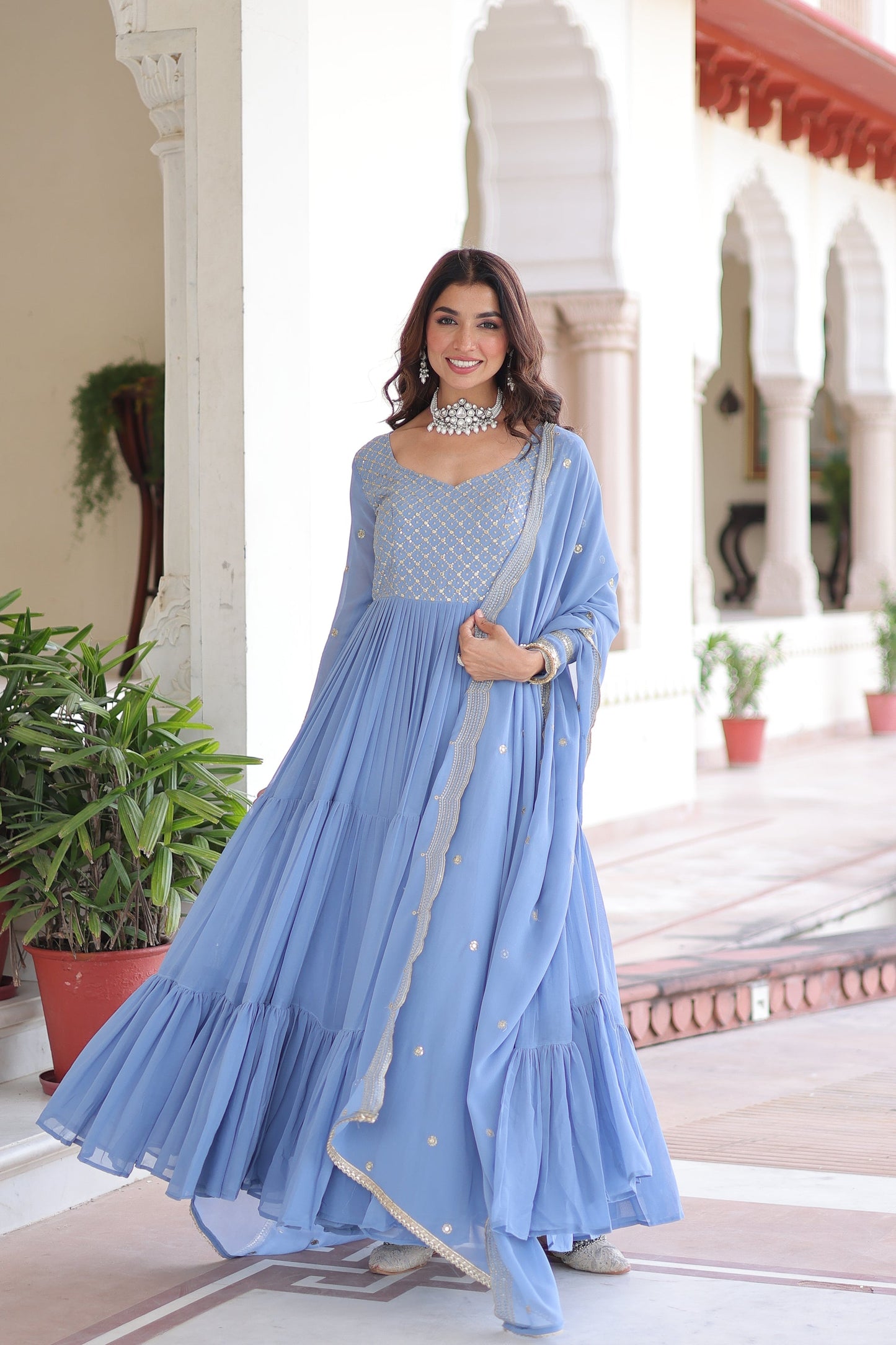 FAUX GEORGETTE SEQUINS AND ZARI EMBROIDERED GOWN WITH DUPATTA (WDN04)