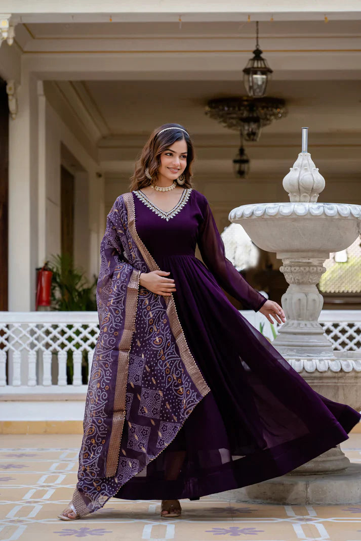 PEARL HANDWORK GOWN WITH PRINTED JEQUARD BORDER DUPATTA(WD77)