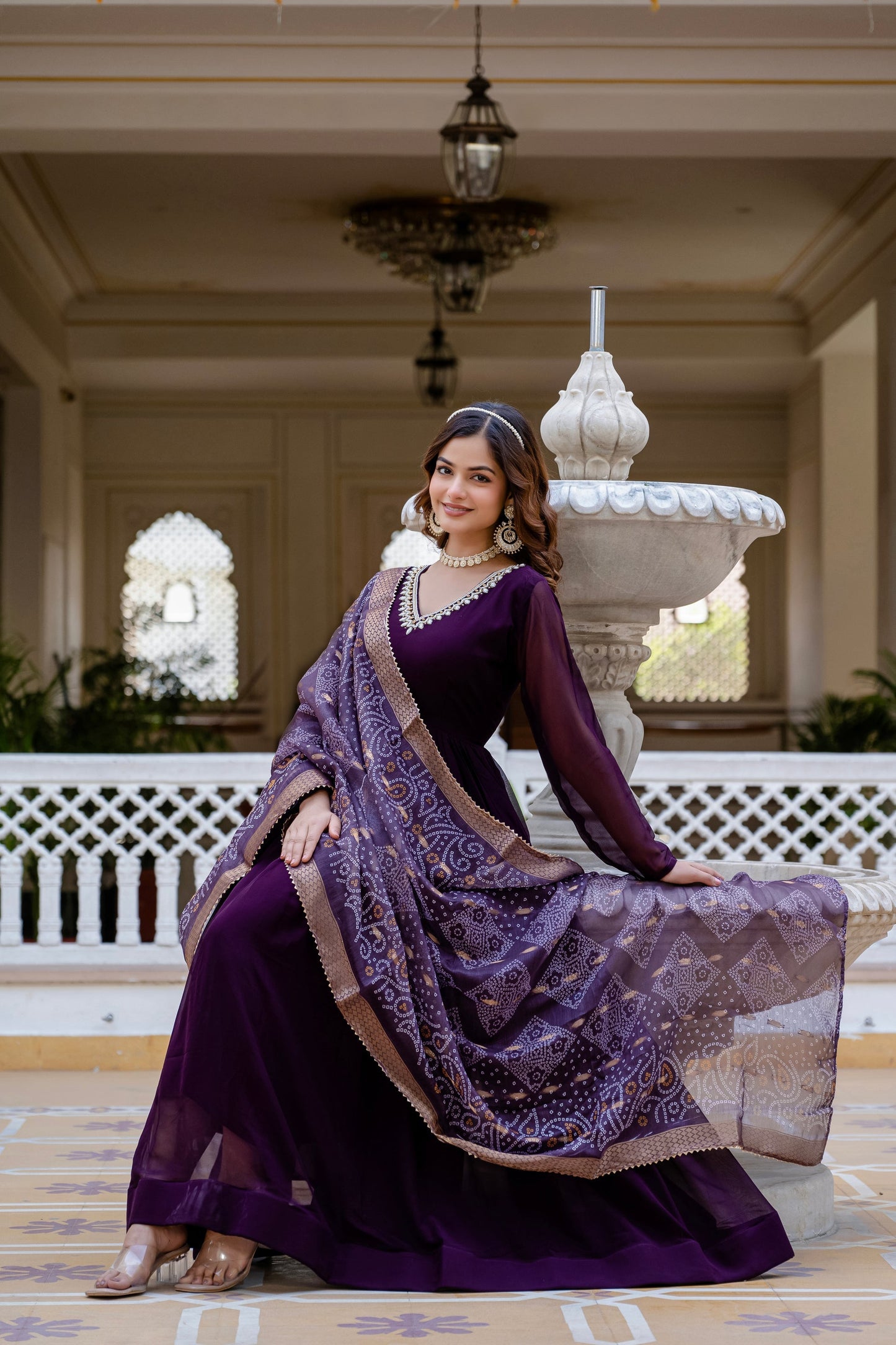 PEARL HANDWORK GOWN WITH PRINTED JEQUARD BORDER DUPATTA (WDN12)