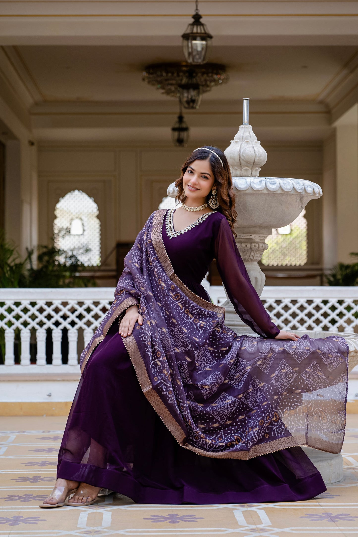 PEARL HANDWORK GOWN WITH PRINTED JEQUARD BORDER DUPATTA (WDN12)