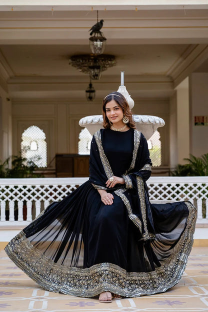 TILTON BLACK BLOOMING EMBROIDERED GOWN WITH DUPATTA