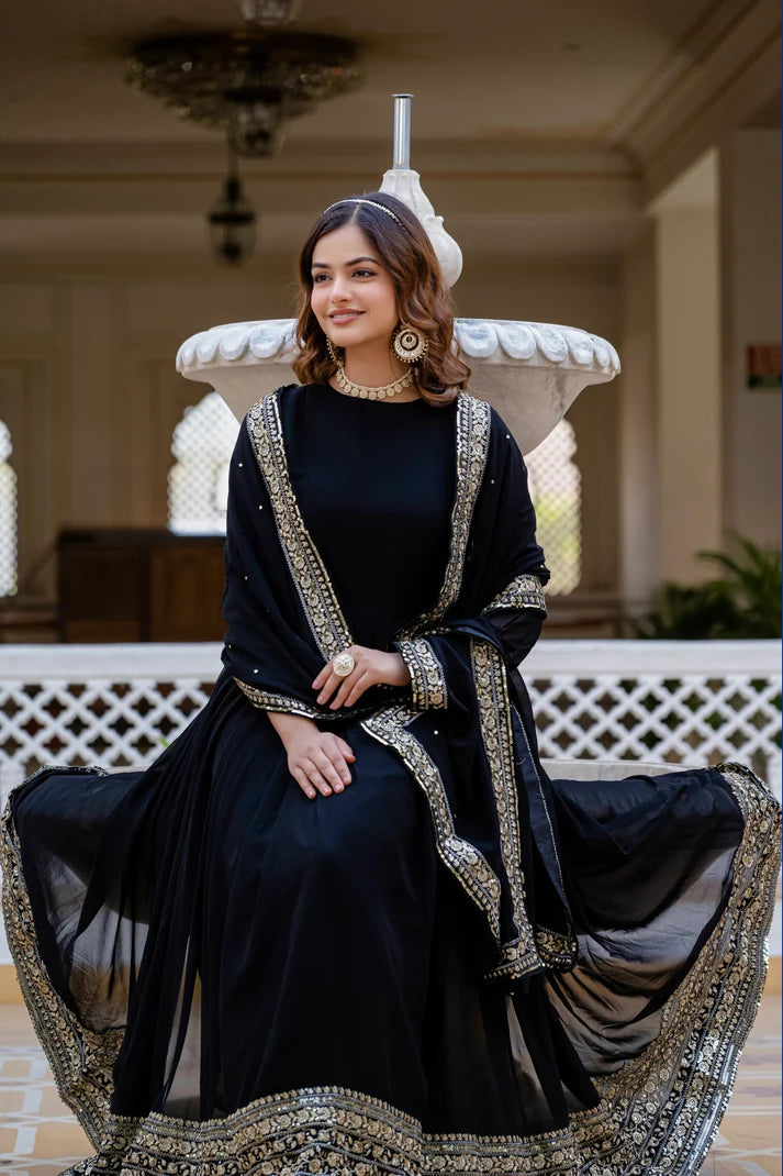 TILTON BLACK BLOOMING EMBROIDERED GOWN WITH DUPATTA