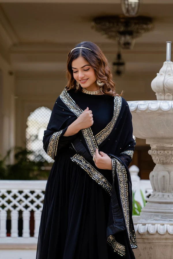 TILTON BLACK BLOOMING EMBROIDERED GOWN WITH DUPATTA