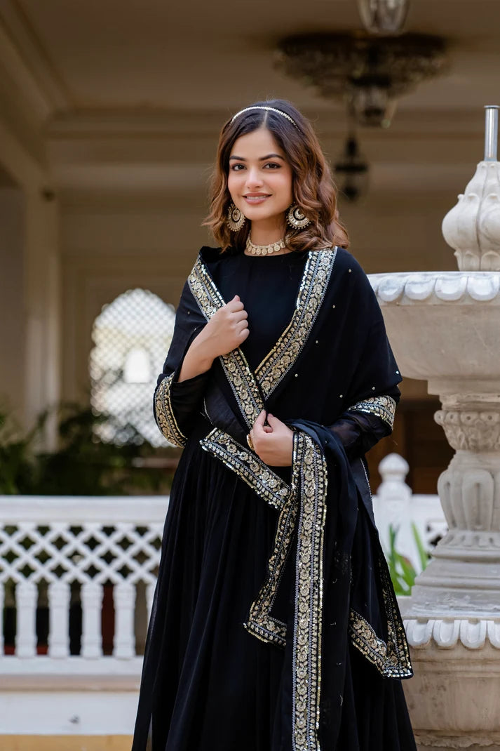 TILTON BLACK BLOOMING EMBROIDERED GOWN WITH DUPATTA
