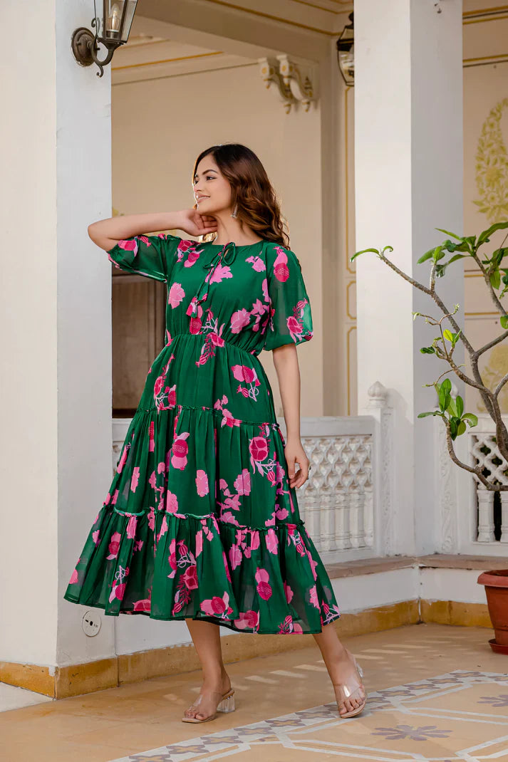 GREEN FAUX GEORGETTE FLORAL PRINT FLAIRED DRESS(WD70)