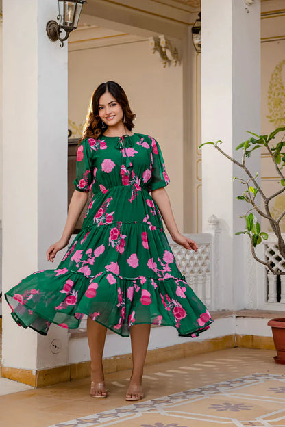 GREEN FAUX GEORGETTE FLORAL PRINT FLAIRED DRESS(WD70)