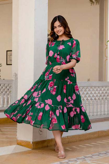 GREEN FAUX GEORGETTE FLORAL PRINT FLAIRED DRESS(WD70)