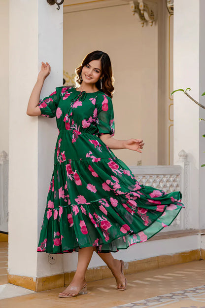 GREEN FAUX GEORGETTE FLORAL PRINT FLAIRED DRESS(WD70)