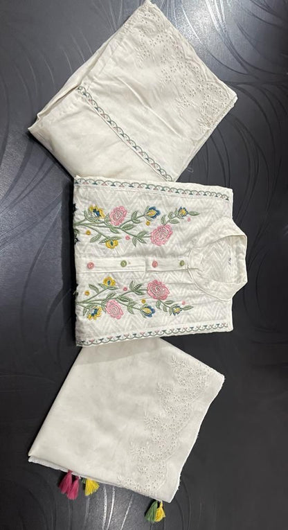 Cotton chikankari embroidered kurta with pants and stall dupatta will make you look the best.  (WARED361)