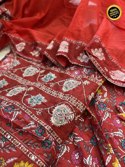 Featuring beautiful Heavy Suit Set which is beautifully decorated with intricate hand embroidery, Zari weaving and prints.(WARED259)