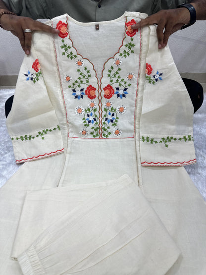Launching Summer Special, Comfortable And Attractive Pure Cotton Suit Set Which Is Beautifully Decorated With Hand Embroidery And Thread Work. It Is Paired With Matching Pants(SWCD59)
