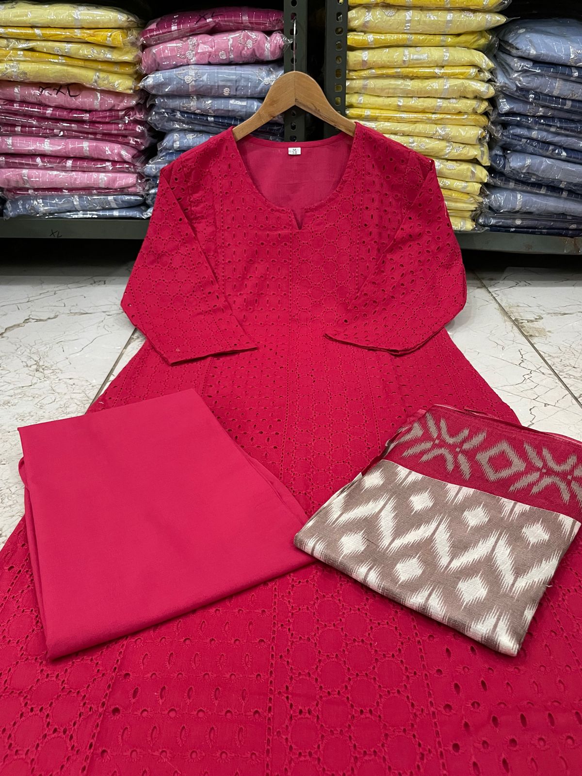 LOOK GRACEFUL IN OUR SCHIFFLI EMBROIDERY KURTI IN CLASSIC COLOUR WITH HANDLOOM KHADI SILK DUPATTA IS MUST HAVE IN UR WARDROBE(WARED255)