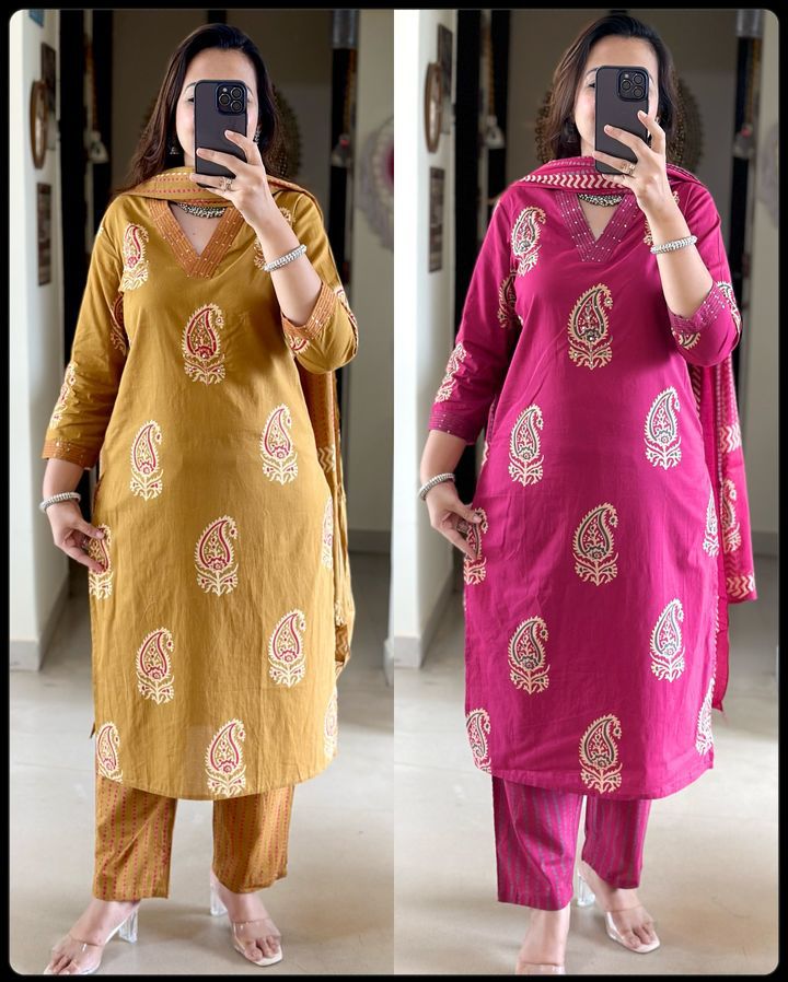 Pure fine Cotton fabric  Kurti with Pant with cotton 100-100 Dupatta🌹🌹Nack Hand work(WARED235)