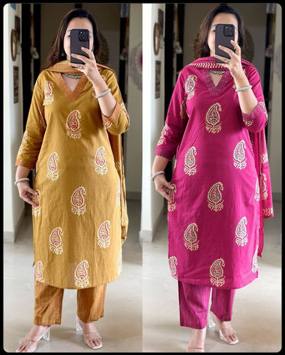 Pure fine Cotton fabric  Kurti with Pant with cotton 100-100 Dupatta🌹🌹Nack Hand work(WARED235)