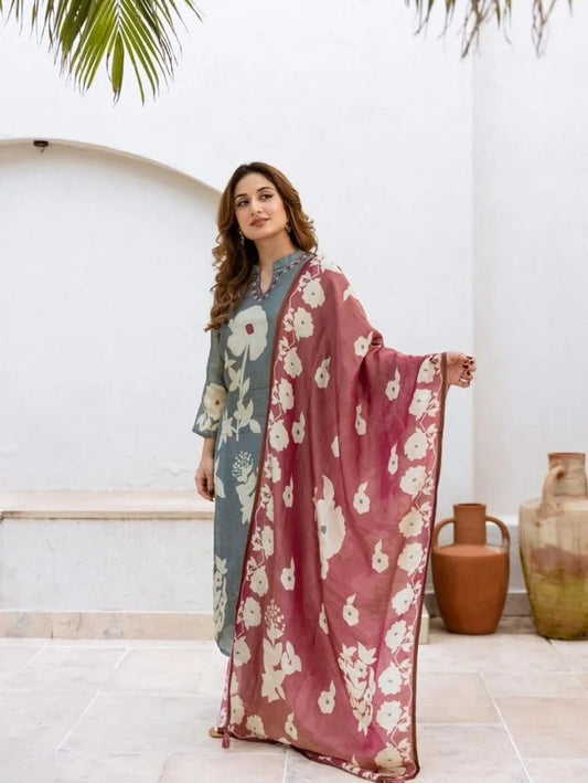 Beautiful pure cotton kurti pant dupatta set💗.(WARED244)