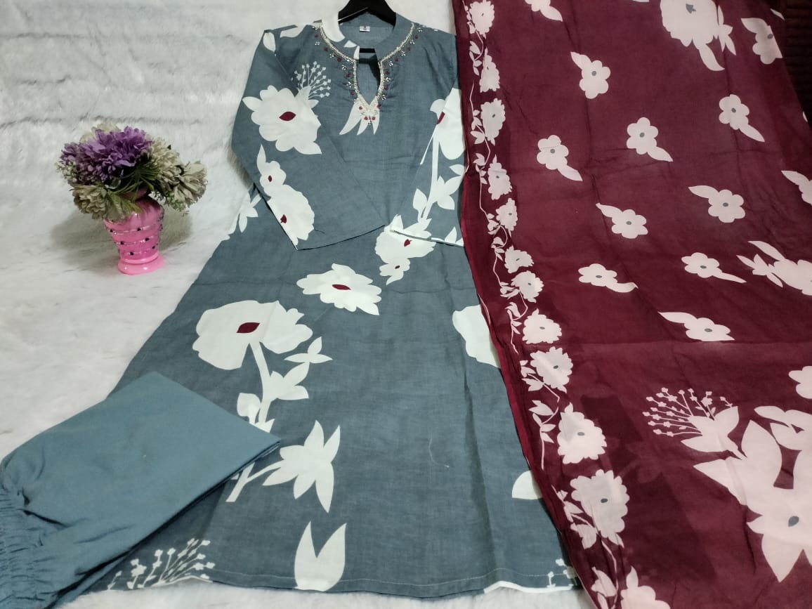 Beautiful pure cotton kurti pant dupatta set💗.(WARED244)