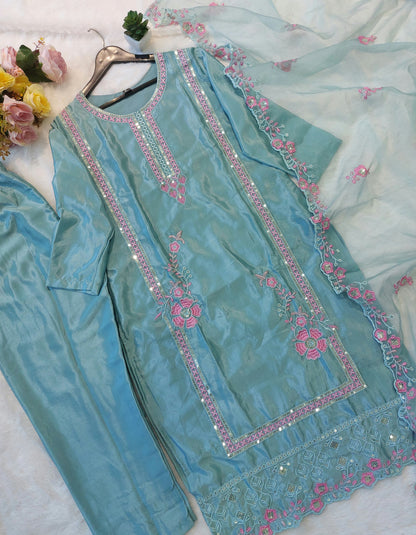 pure heavy chinon and heavy multi Embroidery 🪡 and squance work on all over kurti and duppata; (WARED13)