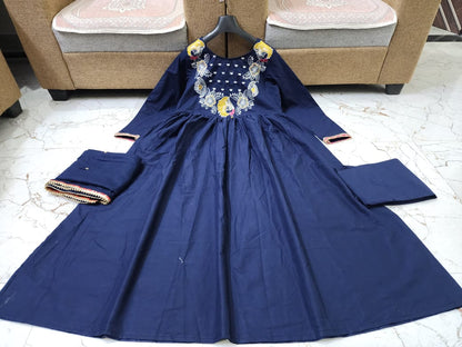 Beautiful export Quality cotton 60-60 Fabric Long frill gown Kurti With Pant And cotton Malmal Dupatta(WARED185)