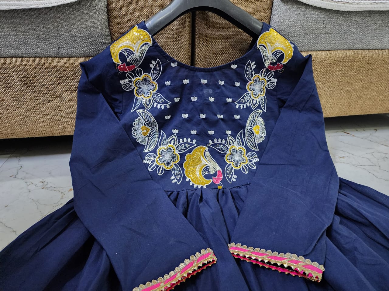 Beautiful export Quality cotton 60-60 Fabric Long frill gown Kurti With Pant And cotton Malmal Dupatta(WARED185)
