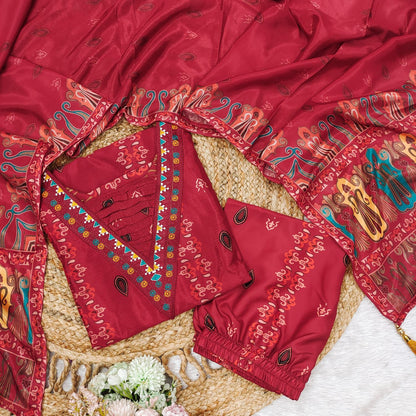 Beautiful pure premium chiffon digital printed Anarkali set with handwork on neck it has attached lining paired up with santoon slik pant and Organza digital printed dupatta sets(WARED07)