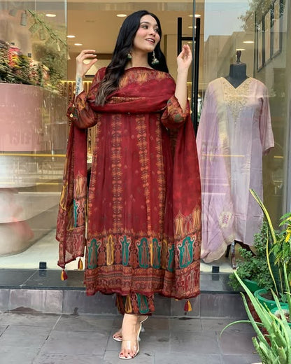 Beautiful pure premium chiffon digital printed Anarkali set with handwork on neck it has attached lining paired up with santoon slik pant and Organza digital printed dupatta sets(WARED07)