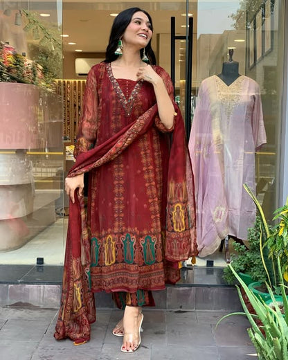 Beautiful pure premium chiffon digital printed Anarkali set with handwork on neck it has attached lining paired up with santoon slik pant and Organza digital printed dupatta sets(WARED07)