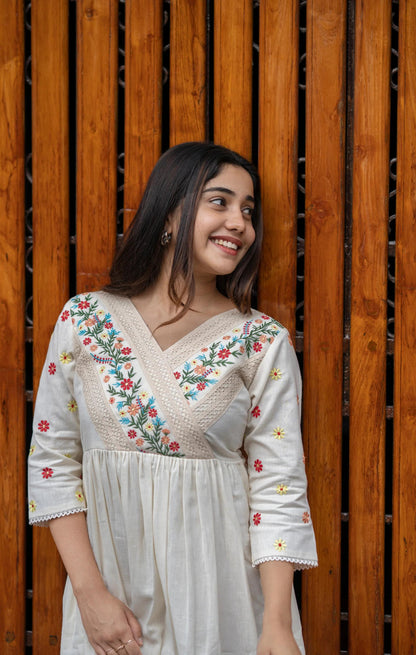 💥Launching Off-white cotton dress with floral embroidery and crochet lace detailing on yoke and sleeves💥(SWCD60)