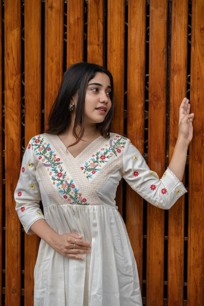 💥Launching Off-white cotton dress with floral embroidery and crochet lace detailing on yoke and sleeves💥(SWCD60)