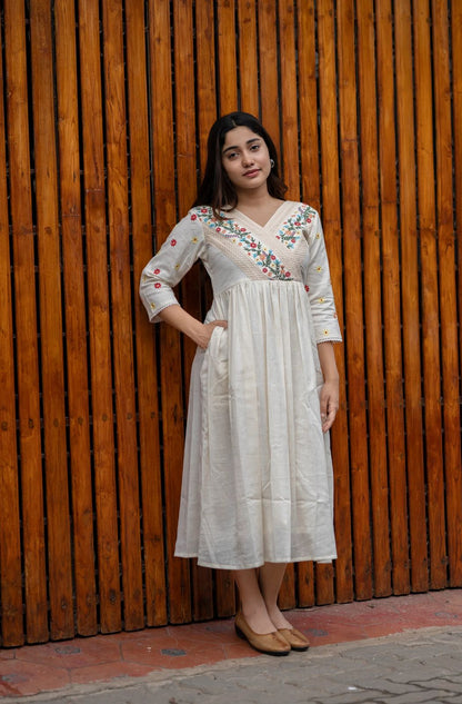 💥Launching Off-white cotton dress with floral embroidery and crochet lace detailing on yoke and sleeves💥(SWCD60)