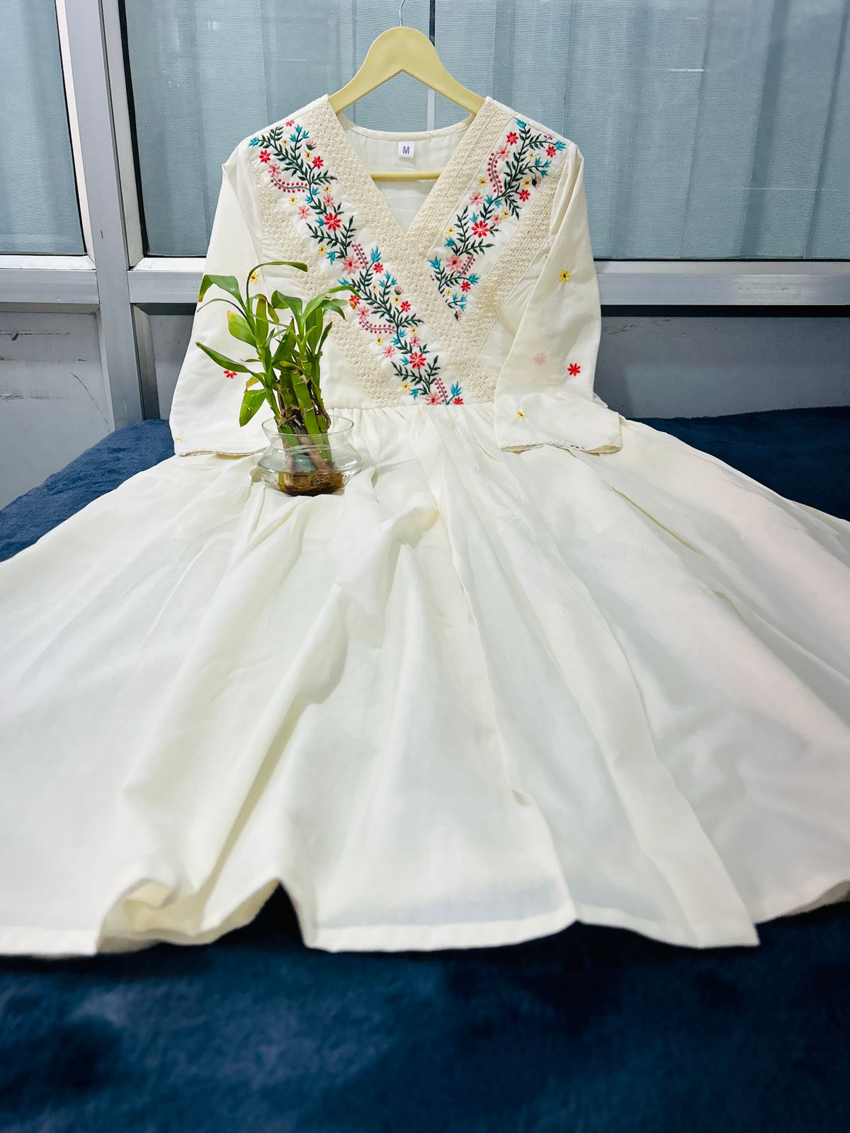 💥Launching Off-white cotton dress with floral embroidery and crochet lace detailing on yoke and sleeves💥(SWCD60)
