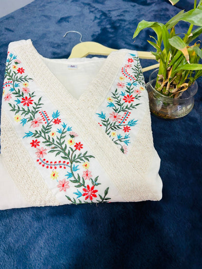 💥Launching Off-white cotton dress with floral embroidery and crochet lace detailing on yoke and sleeves💥(SWCD60)