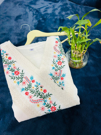 💥Launching Off-white cotton dress with floral embroidery and crochet lace detailing on yoke and sleeves💥(SWCD60)