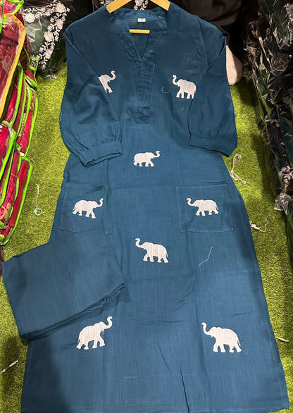 Designer Top Pant set In *South Cotton * Fabric With Ethnic Elephant Embroidery work All over the Kurta &amp; With Trending Scoped Sleeves...
