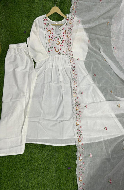 Pure Cotton60-60 super quality kurta with beautiful emb neck yoke &amp; cotton pant with emb full malmal cotton dupatta.  (WARED127)