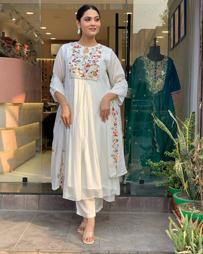 Pure Cotton60-60 super quality kurta with beautiful emb neck yoke &amp; cotton pant with emb full malmal cotton dupatta.  (WARED127)