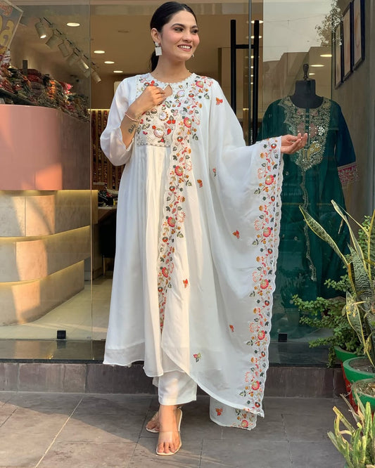 Pure Cotton60-60 super quality kurta with beautiful emb neck yoke &amp; cotton pant with emb full malmal cotton dupatta.  (WARED127)