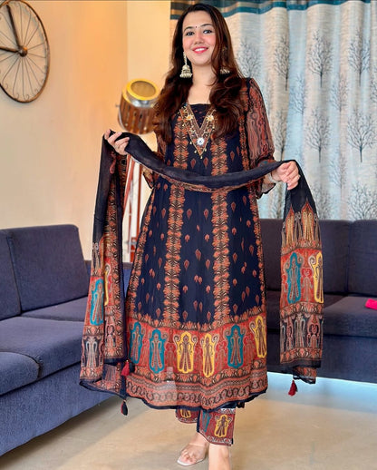 Beautiful pure premium chiffon digital printed Anarkali set with handwork on neck it has attached lining paired up with santoon slik pant and Organza digital printed dupatta sets(WARED374)